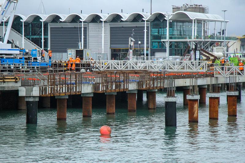 Rows of piles being driven for the Luna Rossa Base on the Hobson Wharf Extension. ETNZ base in the background - Wynyard Point - America's Cup base development - Wynyard Edge Alliance - Update March 28, 2019  - photo © Richard Gladwell