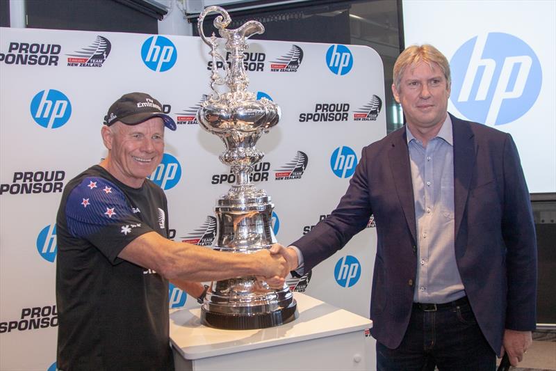 Emirates Team NZ CEO, Grant Dalton Emirates Team New Zealand with Grant Hopkins, Managing Director of HP New Zealand - HP sponsorship announcement, April 2019 - photo © Hamish Hooper / ETNZ