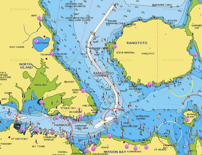 Auckland Harbour Chart - with the Course 'C' area running NE/SW between Bastion Point and North Head. AC75's will have to race in the large white area in the centre of the chart because of Bean Rock and several associated reefs in the blue area. - photo © Navico