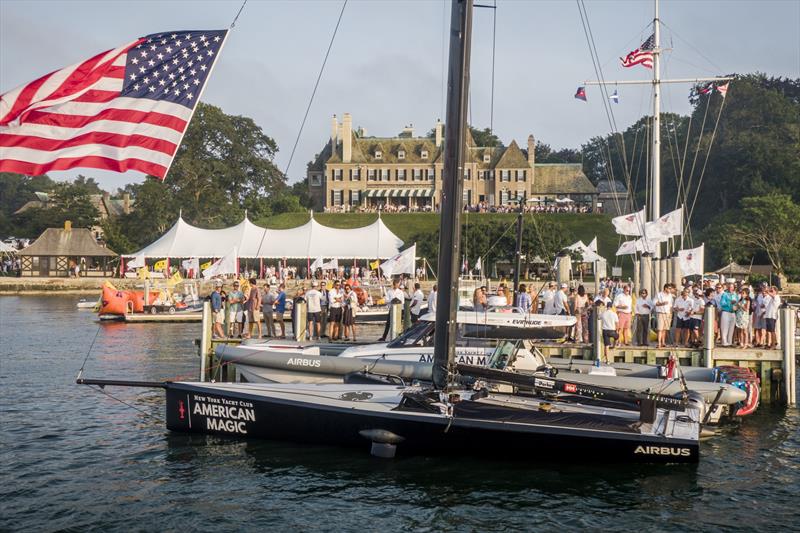 American Magic's AM38 gets tied up to the docks at New York Yacht Club's Harbour Court for the 175th Annual Regatta BBQ. - photo © Amory Ross