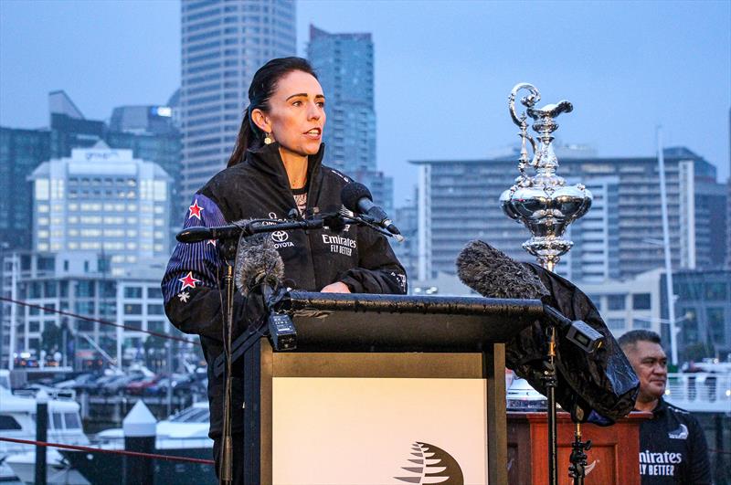 Prime Minister Jacinda Ardern  speaking at Emirates Team New Zealand AC75 launch on September 6, 2019 - photo © Richard Gladwell / Sail-World.com