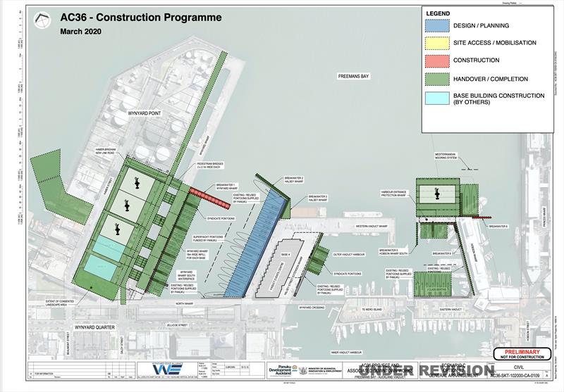 AC36 Base construction plan - since amended - showing America's Cup base layout - Wynyard Point (left), Halsey Street Extension (centre) and Hobson Wharf extension (right) - photo © Wynyard Edge Alliance