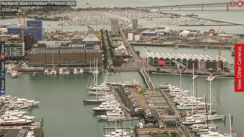 Webcam image of America's Cup base area. Hobson Wharf is out of sight at the bottom of the image. Emirates Team NZ base (centre). Wynyard Basin and Wynyard Point next with Westhaven marina behind. - photo © SnapIT