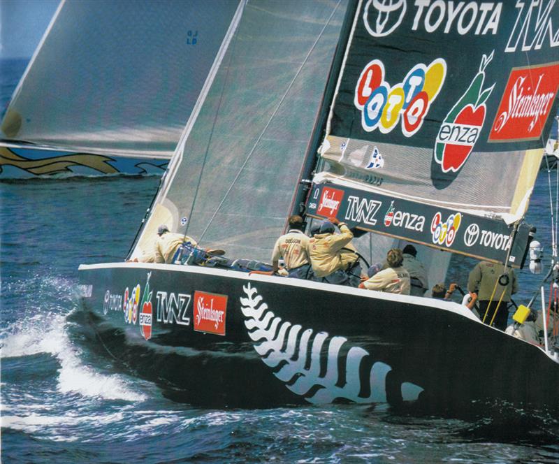 Stars & Stripes crosses ahead of NZL32 - 1995 America's Cup  photo copyright Sally Samins taken at San Diego Yacht Club and featuring the ACC class