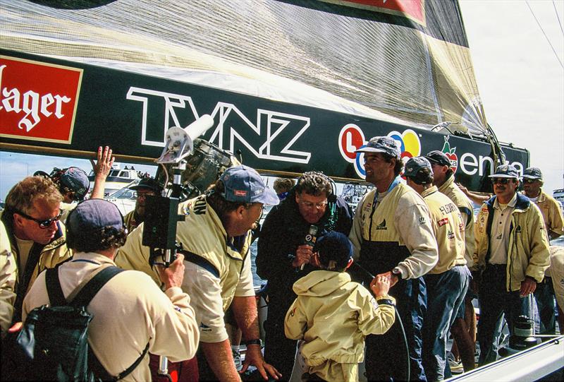 PJ Montgomery interviews Grayson Coutts - 1995 America's Cup, San Diego, May 13, 1995 photo copyright Sally Simins taken at San Diego Yacht Club and featuring the ACC class