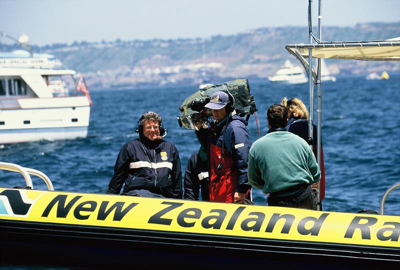 The media team take a break in the media boat - America's Cup, San Diego, May 1995 - photo © Montgomery Family Archives