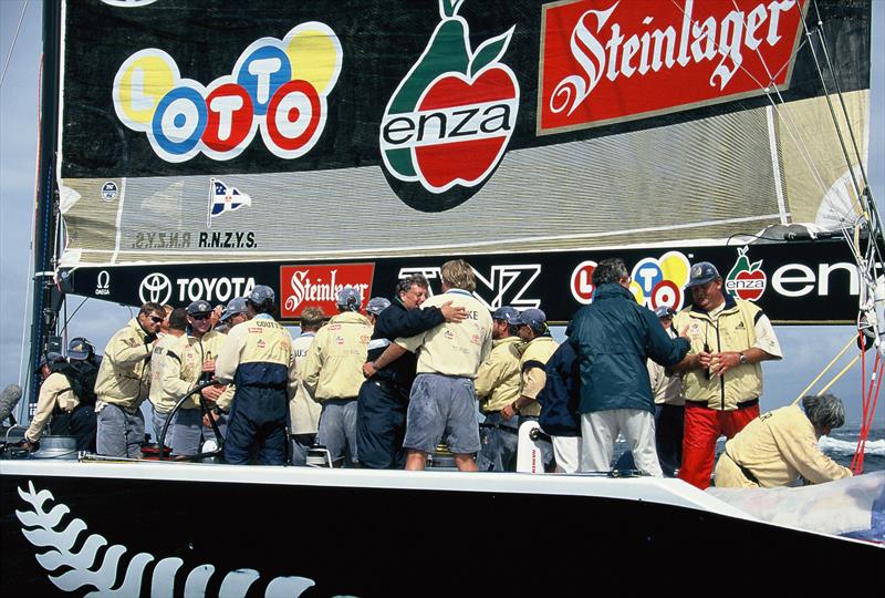 Standing room only aboard NZL32 as the first interviews get underway- America's Cup, San Diego, May 1995 photo copyright Montgomery Family archives taken at Royal New Zealand Yacht Squadron and featuring the ACC class