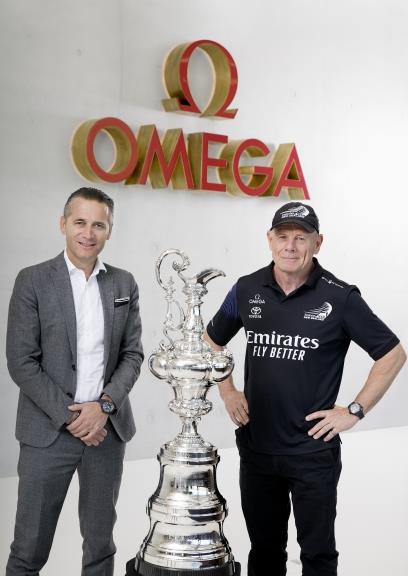 Omega President and CEO Raynald Aeschlimann with Emirates Team NZ CEO photo copyright Emirates Team New Zealand taken at Royal New Zealand Yacht Squadron and featuring the ACC class