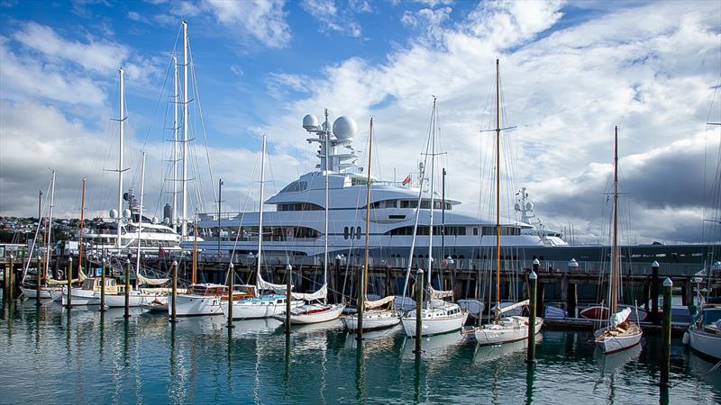 A contrast in eras - part of Auckland's classic yacht fleet with the superyachts behind. Ida to the right is the newest additon to the fleet. - photo © Richard Gladwell / Sail-World.com