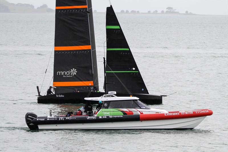 Some idea of the size of the test boat can be gauged from the chase boat - July 21, 2020 photo copyright Richard Gladwell / Sail-World.com taken at Royal New Zealand Yacht Squadron and featuring the ACC class