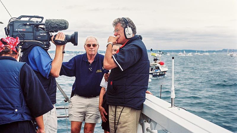 Peter Montgomery broadcasting from NorthStar, during the the 2003 America's Cup, with the late Terry Kohler looking on - photo © Bambery Photography