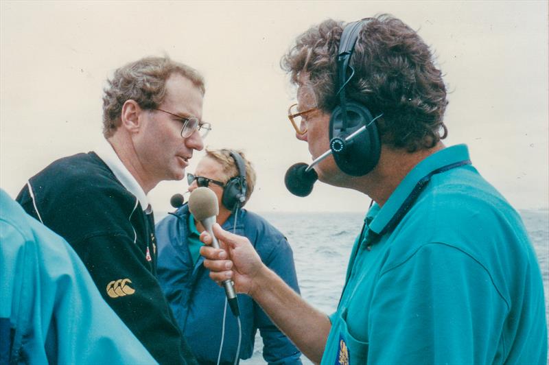Peter Montgomery with NZL-20 designer, Bruce Farr and co-commentator, Peter Lester in bavckground photo copyright Montgomery archives taken at Royal New Zealand Yacht Squadron and featuring the ACC class