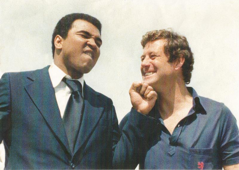 PJ Montgomery with Muhummad Ali during a boat visit the day after PJ and pugilist Sir Bob Jones had turned a scheduled eight minute interview into 90 minutes of unforgettable TV photo copyright Montgomery archives taken at Royal New Zealand Yacht Squadron and featuring the ACC class