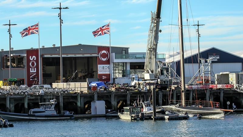 The Union Jack flies high mid-evening at the INEOS Team UK - Prada Cup Finals - Day 4 - February, 21, - America's Cup 36 photo copyright Richard Gladwell / Sail-World.com / nz taken at Royal Yacht Squadron and featuring the ACC class