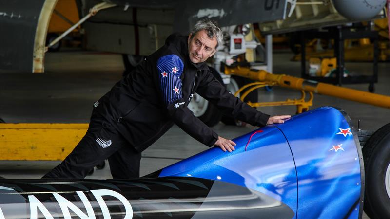 Guillaume Verdier the world's top high performance naval architect casts a glance backward at the support team, as Horonuku is pushed out of the hangar- Project Speed - Emirates Team New Zealand - Test run - Whenupai -May 20, - photo © Richard Gladwell - Sail-World.com/nz