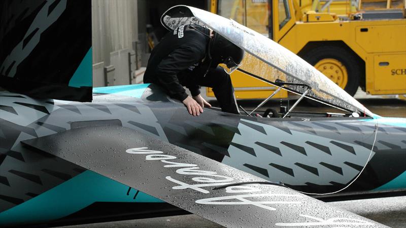 Project Speed - Emirates Team New Zealand - Glenn Ashby squeezes into the cockpit Horonuku  - Whenuapai -May 20, photo copyright Richard Gladwell - Sail-World.com/nz taken at Royal New Zealand Yacht Squadron and featuring the ACC class