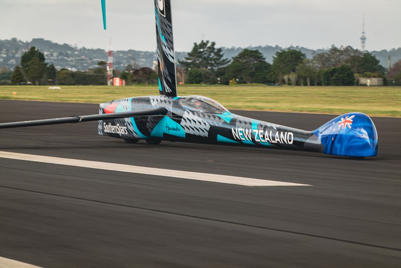 Emirates Team New Zealand's wind powered land speed craft `Horonuku` on a speed run during testing at RNZAF base Whenuapai. photo copyright Hamish Hooper / Emirates Team New Zealand taken at Royal New Zealand Yacht Squadron and featuring the ACC class
