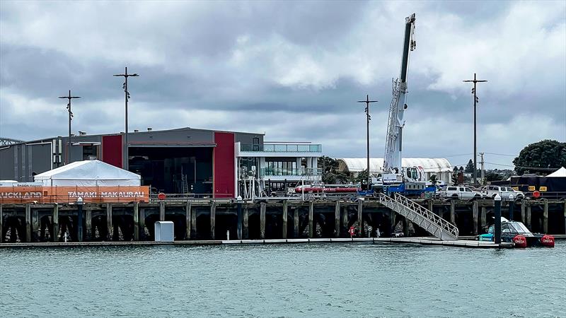 Emirates Team NZ base with hydrogen fuelled Chase Zero and AC40 crane - September 2022 - photo © Richard Gladwell / Sail-World.com/nz