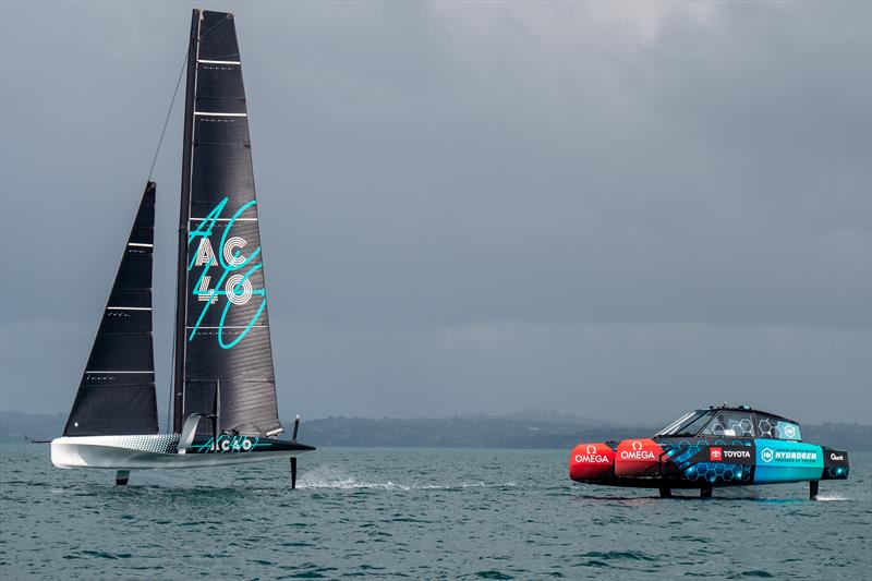 AC40 sailing on Day 1 in Auckland with the foiling hydrogen powered chase boat photo copyright Emirates Team NZ taken at Royal New Zealand Yacht Squadron and featuring the ACC class