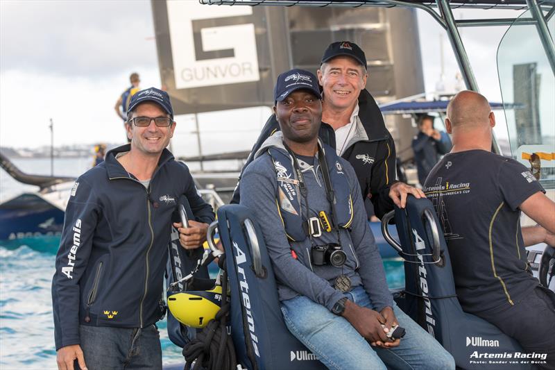 L-R: Artemis designer Adam May, Jason Smith, Jack Griffin on the chase boat. America's Cup Bermuda June 2017 photo copyright Sander van der Borch taken at Royal Bermuda Yacht Club and featuring the ACC class
