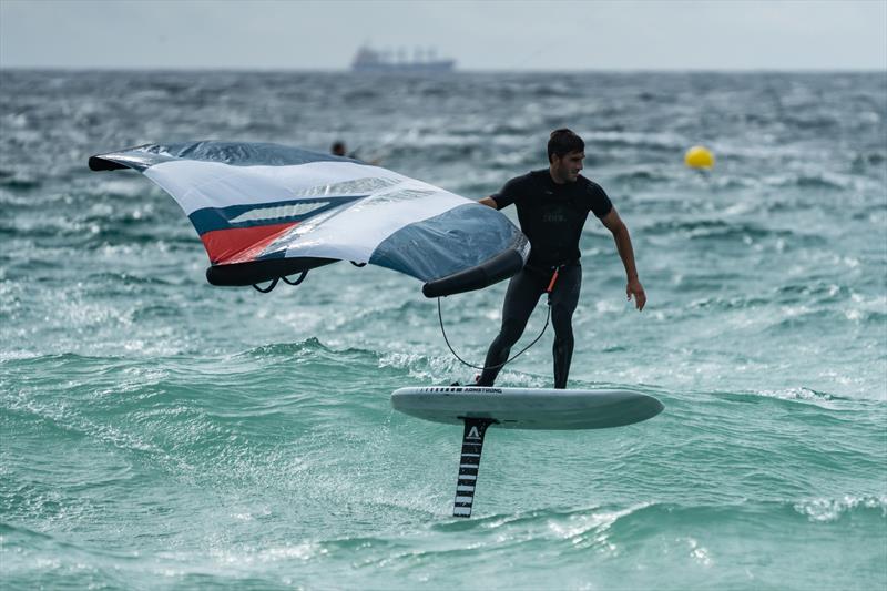 Blair Tuke surfing waves during a wing foiling session in Tarifa, Spain. - photo © Beau Outteridge