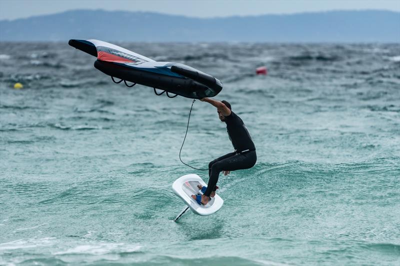 Blair Tuke turning down a wave during wing foiling session in Tarifa, Spain photo copyright Beau Outteridge taken at Real Club Náutico de Palma and featuring the  class