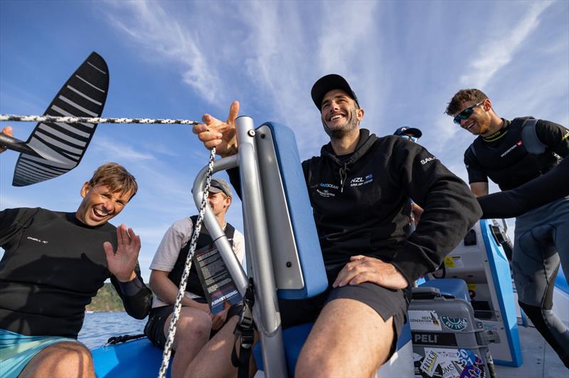 Young sailors in the SailGP Inspire program try out wake foiling with Blair Tuke, Co-CEO and wing trimmer of New Zealand SailGP Team, following a practice session ahead of the Great Britain Sail Grand Prix | Plymouth in Plymouth, England. 29th July - photo © Felix Diemer/SailGP