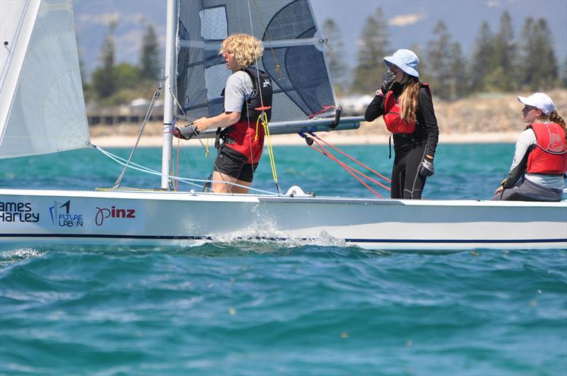 Another junior boat that participated in the recent SA Nationals was Champagne Tent, sailed by Maia Schnaars, Lucy Wilson and Angus Bubner photo copyright Lou Hollis taken at  and featuring the Australian Sharpie class