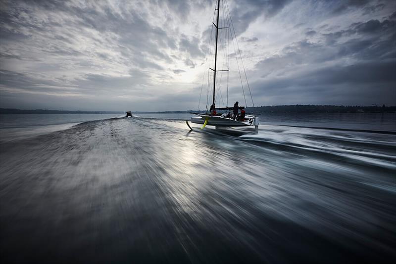 Thomas Jundt's QFX 35ft foiling monohull sailing on Lake Geneva - photo © Loris von Siebenthal