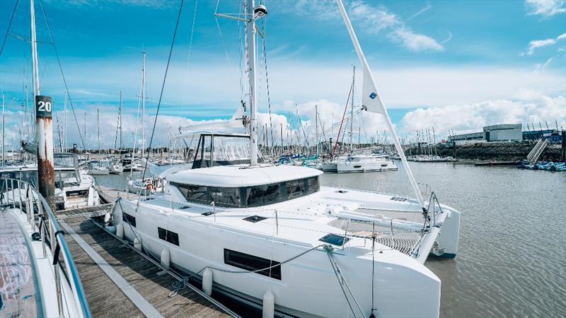 First production catamaran furling boom system photo copyright Lagoon Catamarans taken at  and featuring the Catamaran class