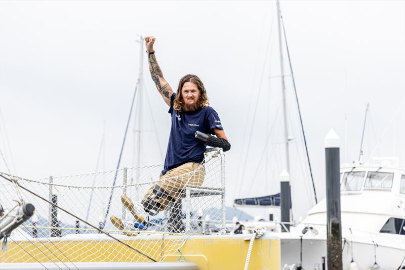 Triple amputee Craig Wood arrives in Hiroshima, Japan to become the world first to sail across the Pacific photo copyright GD Media taken at  and featuring the Catamaran class