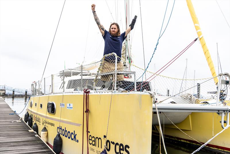Triple amputee Craig Wood arrives in Hiroshima, Japan to become the world first to sail across the Pacific photo copyright GD Media taken at  and featuring the Catamaran class