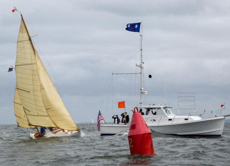 Commodore Fogarty and Cadenza receive a salute as they cross the finish line - Classic Yacht Regatta 2019 - photo © Mary Alice Carmichael