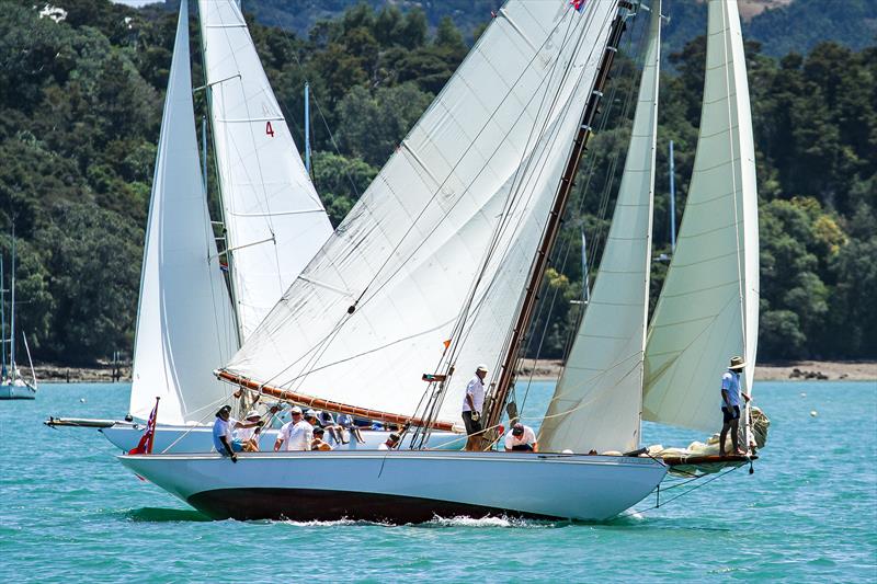 Ariki crosses ahead of Iorangi - Mahurangi Cruising Club Regatta - January 2020 - Mahurangi Harbour photo copyright Richard Gladwell / Sail-World.com taken at  and featuring the Classic Yachts class