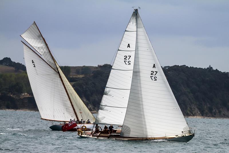 Arohia (A27 - Col Wild 1948) splits tacks with Rawhiti (1908 Logan) Mahurangi Regatta - January 29, 2022 photo copyright Richard Gladwell - Sail-World.com/nz taken at  and featuring the Classic Yachts class