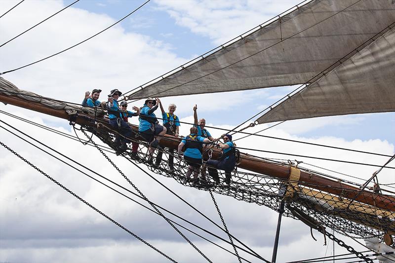 2023 Australian Wooden Boat Festival in Hobart - on the bowsprit of the James Craig photo copyright John Curnow taken at  and featuring the Classic Yachts class