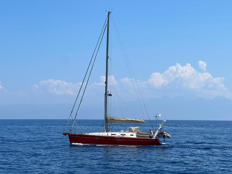 Red Roo motoring in the Mediterranean Sea - photo taken by a passing yacht photo copyright SV Red Roo taken at  and featuring the Cruising Yacht class