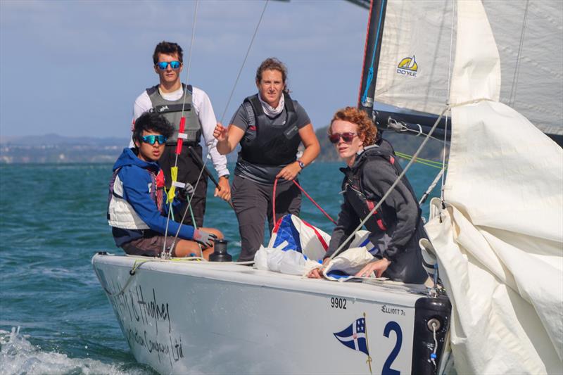 Braedyn Denney and his crew rounding the bottom mark - Harken NZ Match Racing Championship - Royal NZ Yacht Squadron - January 22-24, 2022 photo copyright William Woodworth - RNZYS Media taken at Royal New Zealand Yacht Squadron and featuring the Elliott 7 class