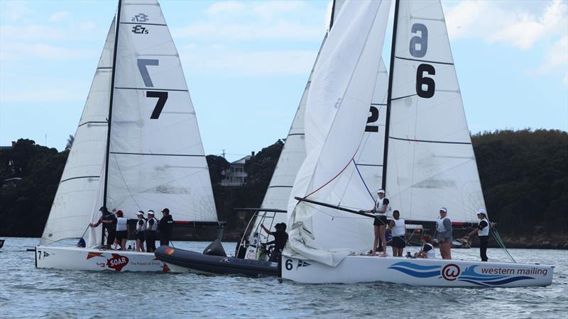 Dean Barker giving his Diocesan White and Red crews advice before Race 3 of Day 1 at the Harken National Secondary Schools Keelboat Championships photo copyright William Woodworth/RNZYS taken at Royal New Zealand Yacht Squadron and featuring the Elliott 7 class