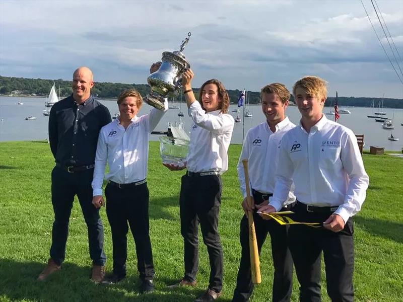 Jordan Stevenson and his Vento Racing team of George Angus, Jake Erson, Mitch Jackson, and Laurie Jury lifting the 2019 US Grand Slam trophy  photo copyright RNZYS Media taken at Royal New Zealand Yacht Squadron and featuring the Elliott 7 class