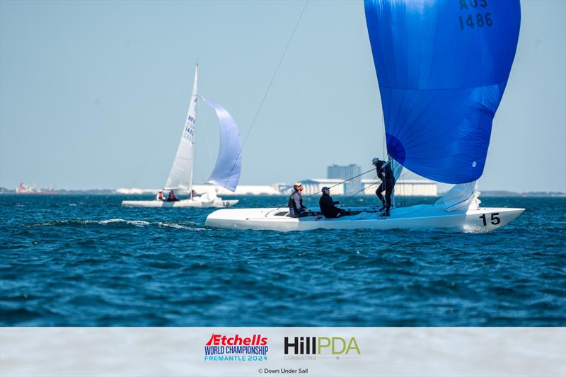 AUS1486 Magpie. Graeme Taylor, James Mayo and Richard Allanson on day 3 of the 2024 Etchells World Championships - photo © Alex Dare, Down Under Sail