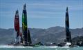 Canada SailGP Team helmed by Phil Robertson, Australia SailGP Team helmed by Tom Slingsby, and New Zealand SailGP Team helmed by Peter Burling in action during the final race on Race Day 2 of the ITM New Zealand Sail Grand Prix