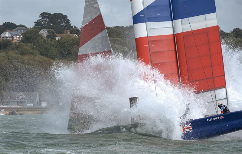 Great Britain SailGP Team nose dive during the first official race of Cowes SailGP causing extensive damage to their F50 photo copyright Chris Cameron for SailGP taken at  and featuring the F50 class