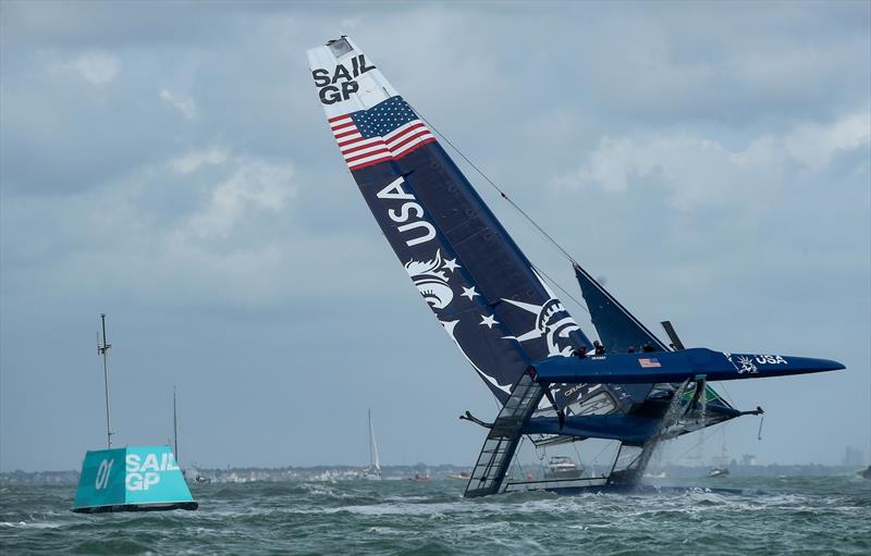 United States SailGP Team helmed by Rome Kirby try to prevent a capsize in the early stages of the first race. United States SailGP Team eventually fully capsize alongside the first mark photo copyright Lloyd Images for SailGP taken at  and featuring the F50 class