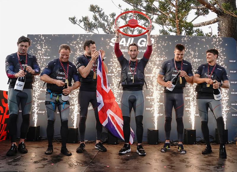 Ben Ainslie, helmsman, lifts the wining trophy as Iain Jensen, Luke Parkinson, Matt Gotrel, Neil Hunter and Richard Mason of Great Britain SailGP Team celebrate winning SailGP Sydney on Race Day 2. - SailGP - Sydney - Season 2 - February 2020 - Sydney, Au - photo © Thomas Lovelock/SailGP