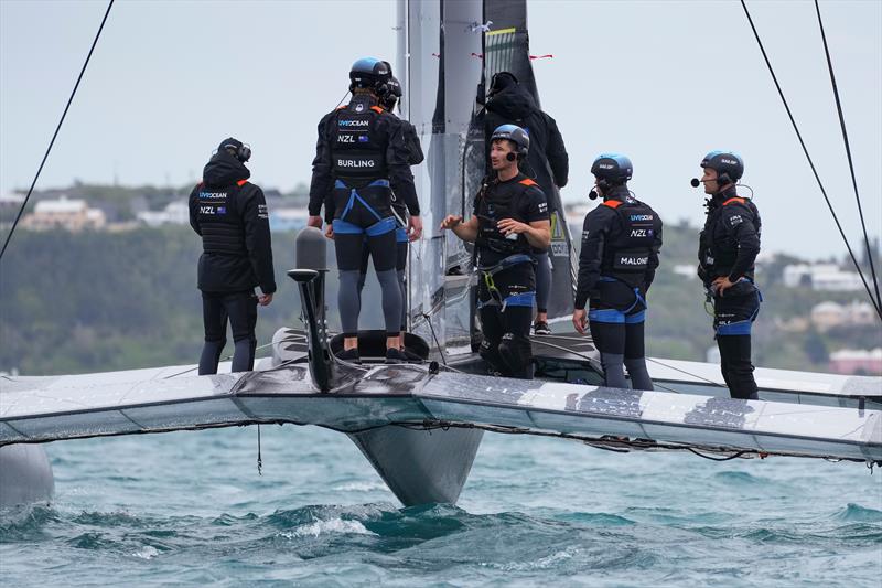 New Zealand SailGP Team Peter Burling discuss tactics on board during practice on Race Day 2, Bermuda SailGP  photo copyright Bob Martin/SailGP taken at Royal Bermuda Yacht Club and featuring the F50 class