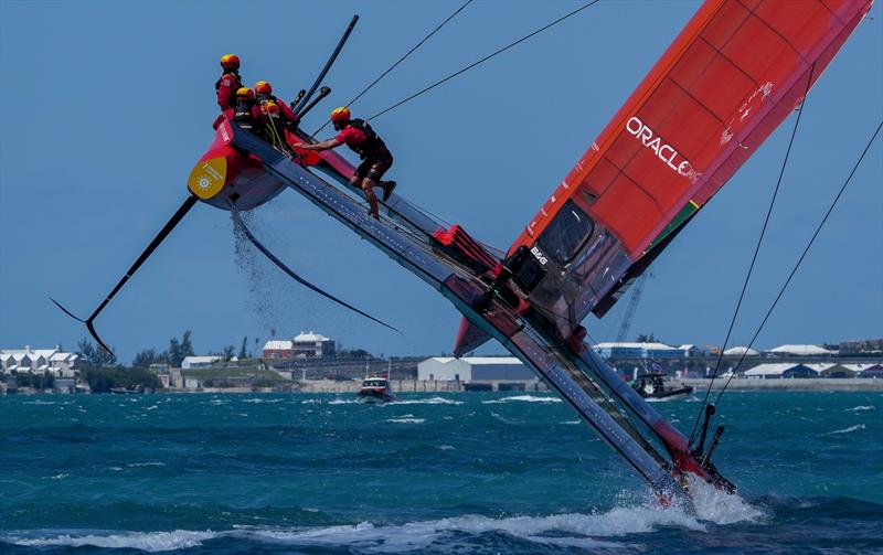 Spain SailGP Team co-helmed by Florian Trittel and Phil Robertson in Friday action during Bermuda SailGP, Event 1 Season 2 in Hamilton, Bermuda photo copyright Bob Martin / SailGP taken at Royal Bermuda Yacht Club and featuring the F50 class