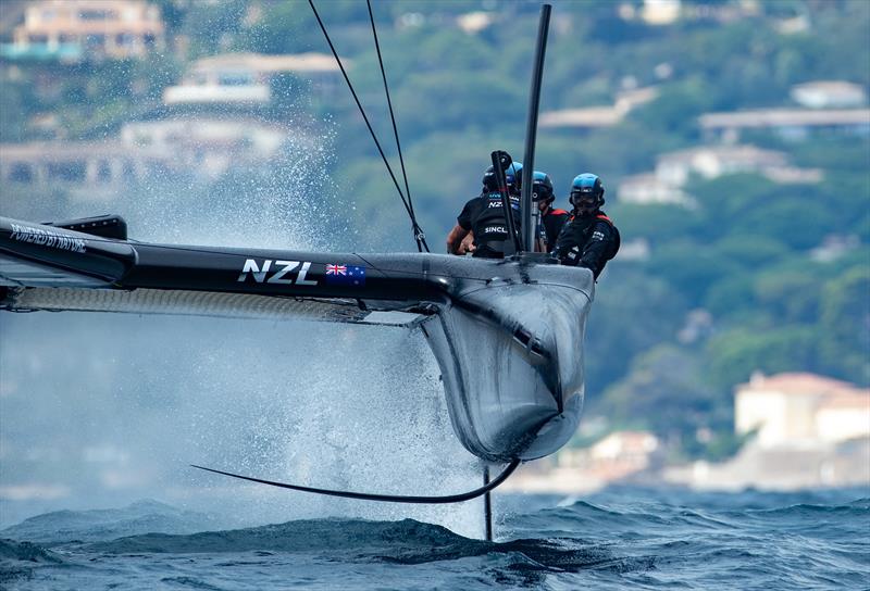 New Zealand SailGP Team co-helmed by Peter Burling and Blair Tuke in action during a practice session. France SailGP, Event 5, Season 2 in Saint-Tropez, France. 10 September . Photo: Ian Roman for SailGP. Handout image supplied by SailGP photo copyright Ian Roman for SailGP taken at Société Nautique de Saint-Tropez and featuring the F50 class