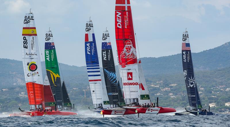 The fleet in action during a practice session. France SailGP, Event 5, Season 2 in Saint-Tropez, France. 10 September . Photo: Ian Roman for SailGP. Handout image supplied by SailGP photo copyright Ian Roman/SailGP taken at Société Nautique de Saint-Tropez and featuring the F50 class