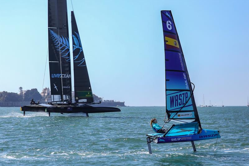 Young sailors sail past the New Zealand SailGP Team as they take part in the Inspire Racing x WASZP program. Spain SailGP, Event 6, Season 2 in Cadiz, Andalucia, Spain. 9th October - photo © Felix Diemer/SailGP